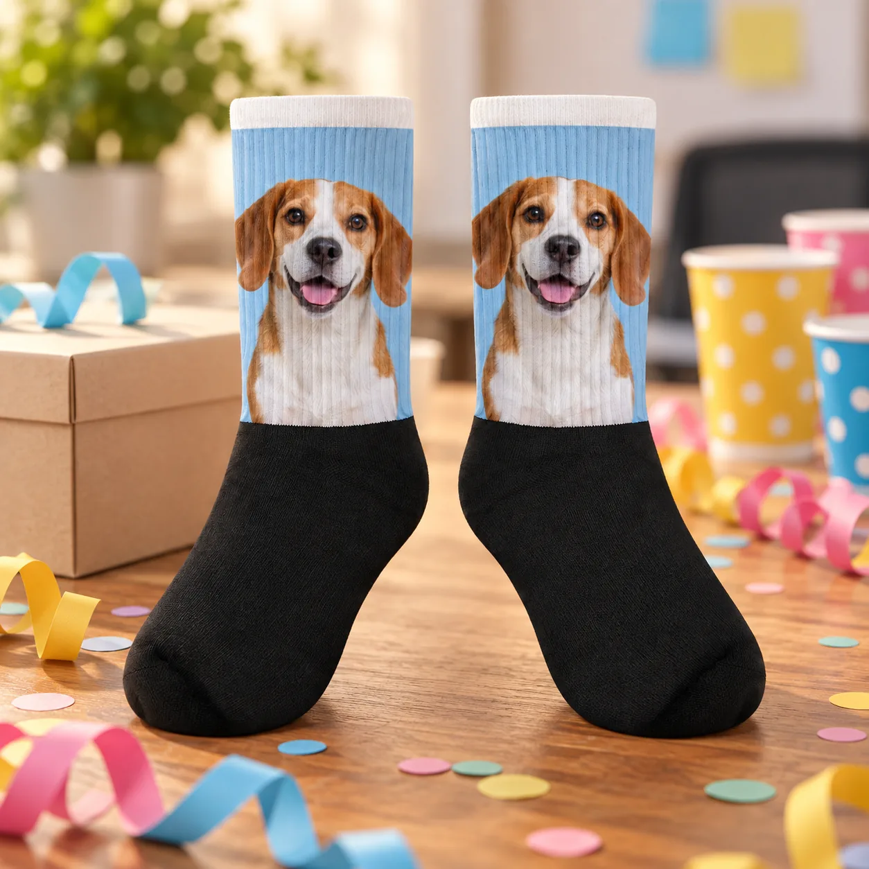 Chaussettes personnalisées avec un chien sur une table décorée pour une fête